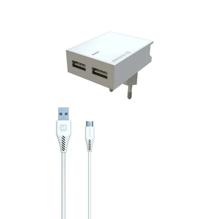 Swissten - hálózati gyorstöltő adapter, Smart IC, 2 USB port, 3A, fehér + lightning MFI kábel