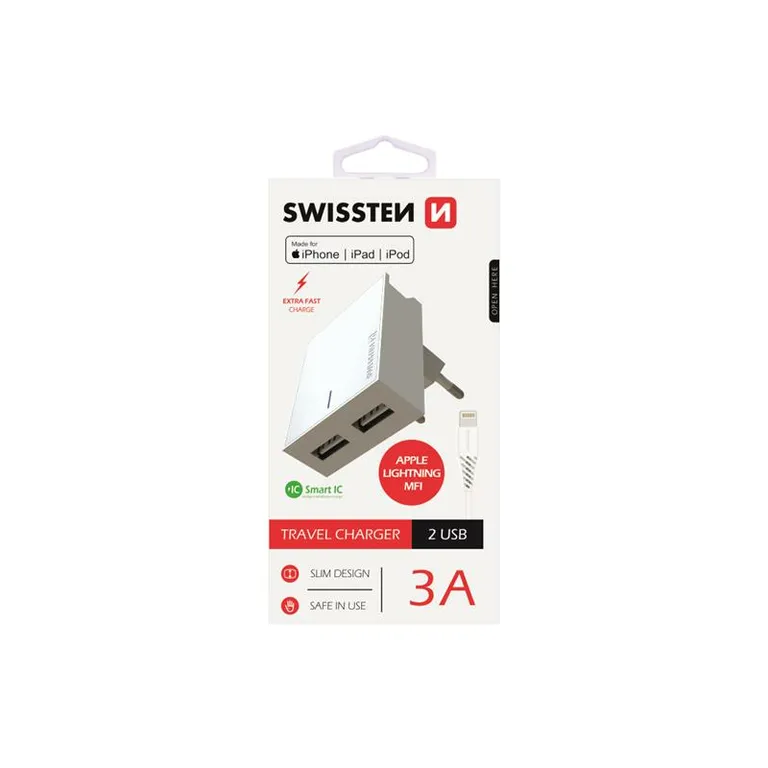 Swissten - hálózati gyorstöltő adapter, Smart IC, 2 USB port, 3A, fehér + lightning MFI kábel