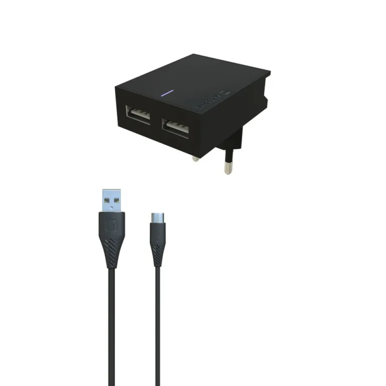 Swissten - hálózati gyorstöltő adapter, Smart IC, 2 USB port, 3A, fekete + lightning kábel