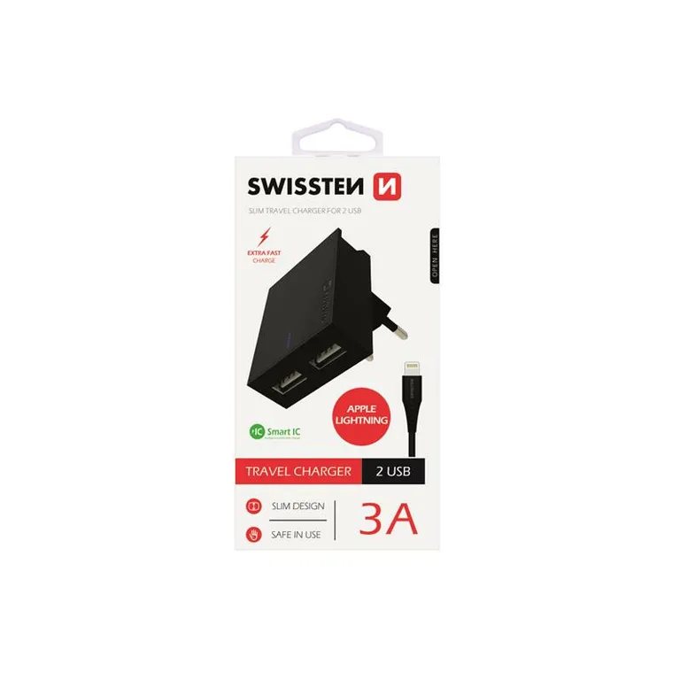 Swissten - hálózati gyorstöltő adapter, Smart IC, 2 USB port, 3A, fekete + lightning kábel