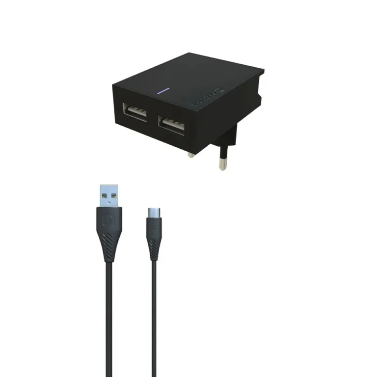 Swissten - hálózati gyorstöltő adapter, Smart IC, 2 USB port, 3A, fekete + mikro USB kábel