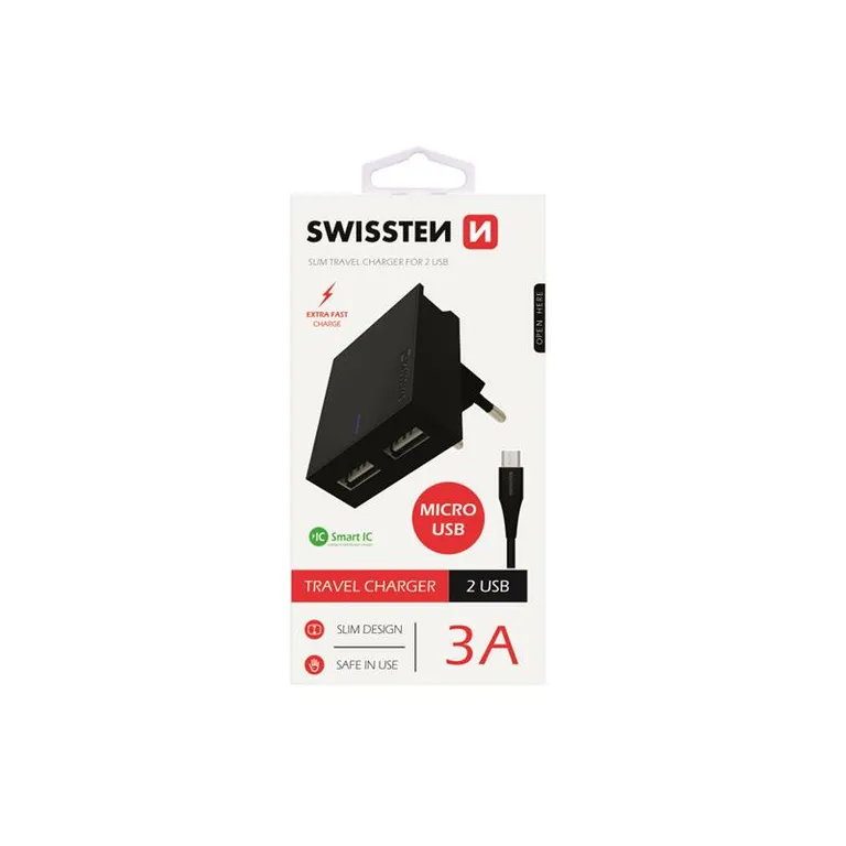 Swissten - hálózati gyorstöltő adapter, Smart IC, 2 USB port, 3A, fekete + mikro USB kábel