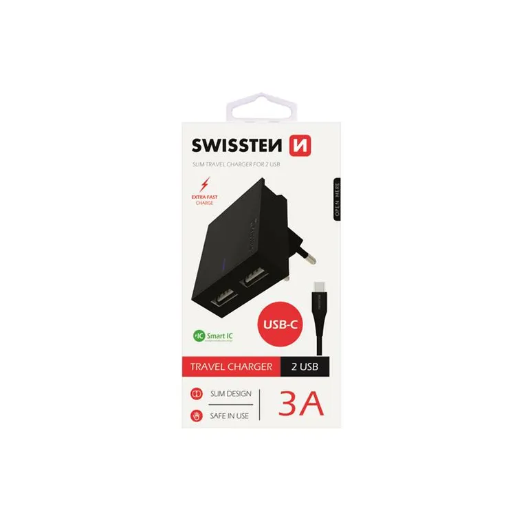 Swissten - hálózati gyorstöltő adapter, Smart IC, 2 USB port, 3A, fekete + Type-C kábel