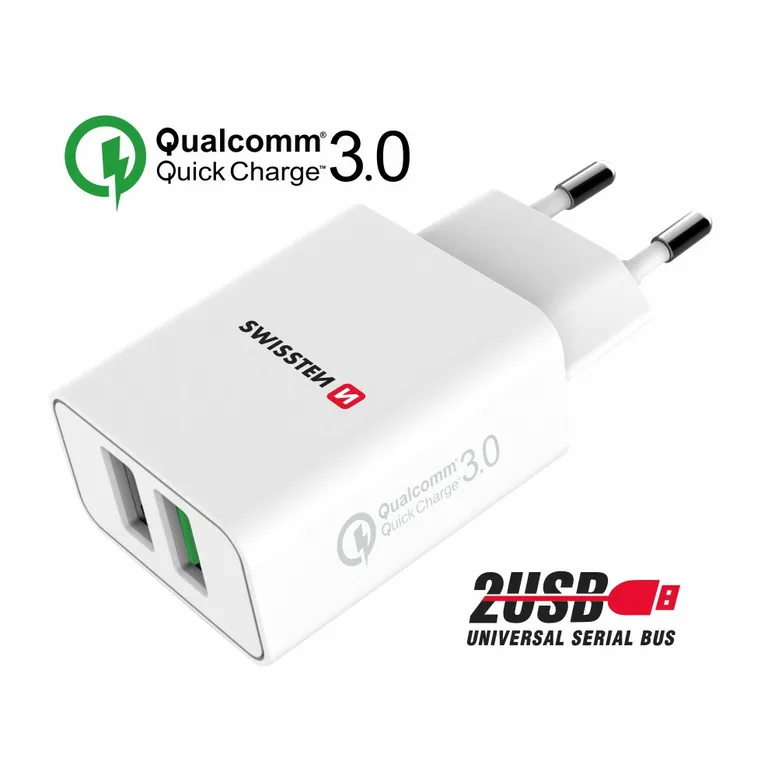 Swissten - hálózati töltő adapter, 2XUSB, QC 3.0 + USB, 23W, fehér