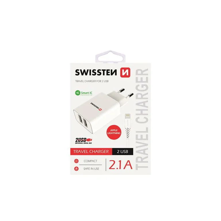 Swissten - hálózati töltő adapter + lightning kábel, 2 USB port, Smart IC, 2,1 A, fehér