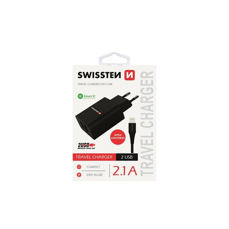 Swissten - hálózati töltő adapter + lightning kábel, 2 USB port, Smart IC, 2,1 A, fekete