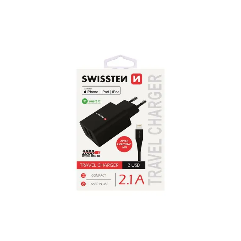 Swissten - hálózati töltő adapter + lightning MFI kábel, 2 USB port, Smart IC, 2,1 A, fekete