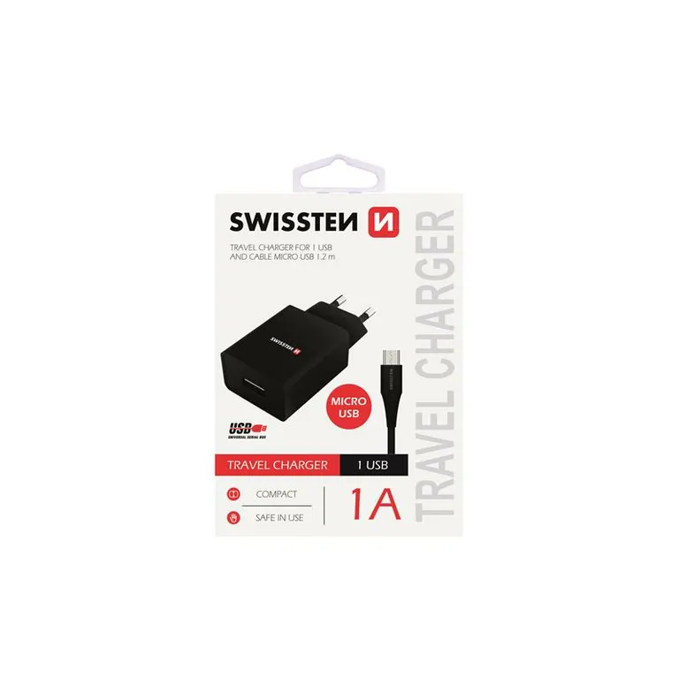 Swissten - hálózati töltő adapter + mikro USB kábel, 1 USB port, 1 A, fekete