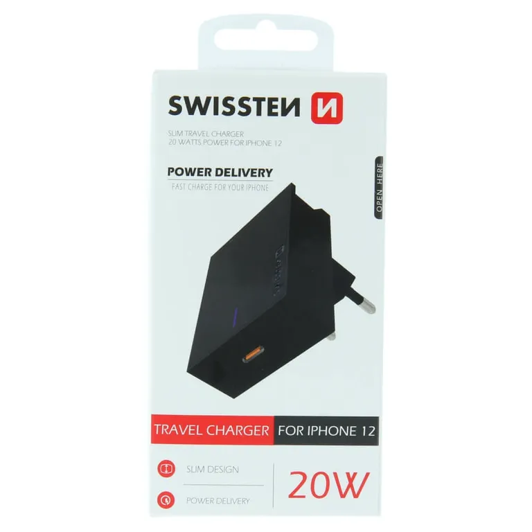 Swissten - hálózati töltő adapter Power Delivery 20W, iPhone 12, fekete