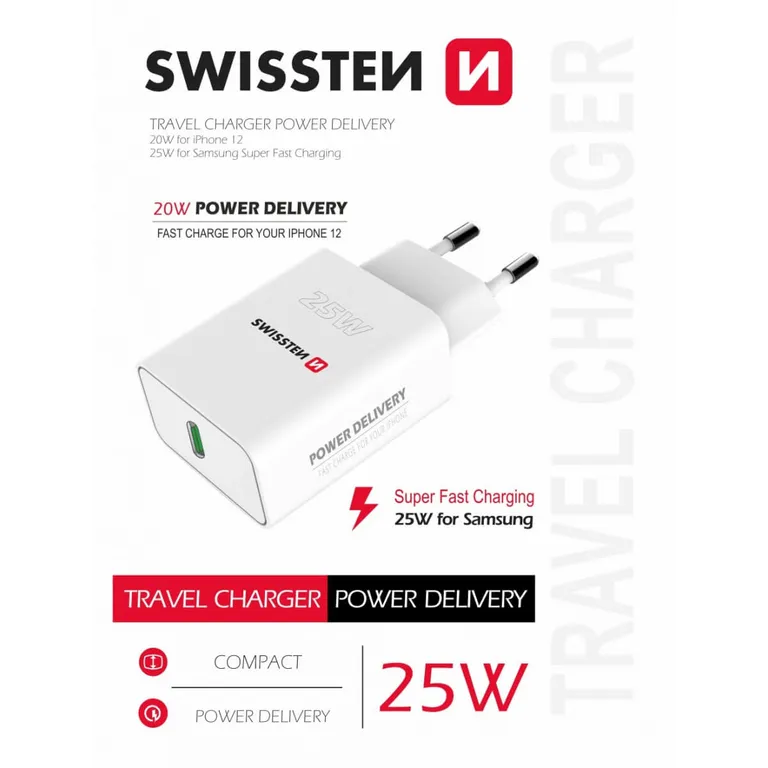 Swissten - hálózati töltő adapter PowerDelivery 25W, iPhone + Samsung, fehér