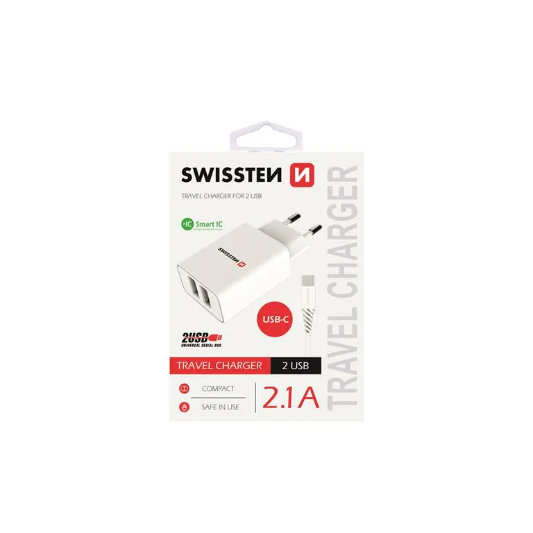Swissten - hálózati töltő adapter + Type-C kábel, 2 USB port, Smart IC, 2,1 A, fehér