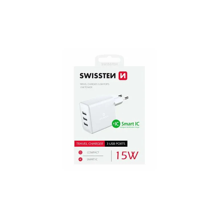 Swissten - hálózati töltőadapter, 3XUSB, 15W, fehér