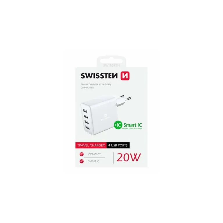 Swissten - hálózati töltőadapter, 4XUSB, 20W, Smart IC, fehér