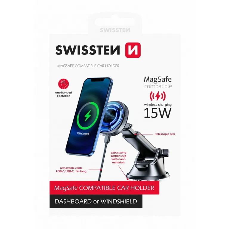 Swissten - mágneses autós telefontartó és vezeték nélküli töltő MagSafe kompatibilitással mûszerfalra, 15W