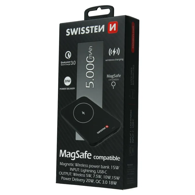 Swissten - MagSafe kompatibilis power bank 5000 mAh (iPhone 12, 12 Pro, 12 ProMax, 13, 13 Mini, 13 ProMax)
