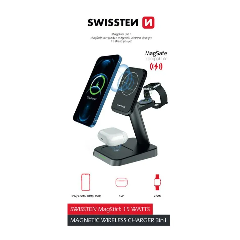 Swissten - MagStick vezeték nélküli 3in1 töltőállomás, 22,5W, fekete (MagSafe kompatibilis)