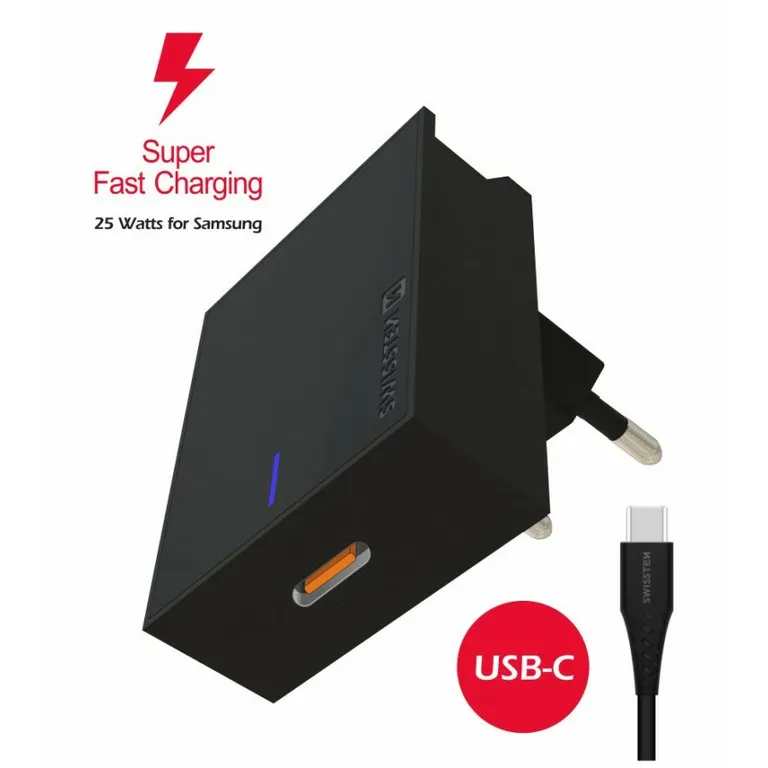 Swissten - Samsung SuperFastCharging 25W hálózati töltő adapter fekete + 1,2 m Type-C töltőkábel