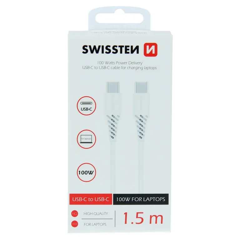 Swissten - töltőkábel, TPE, USB-C/USB-C PowerDelivery 5A (100W), 1,5 m, fehér
