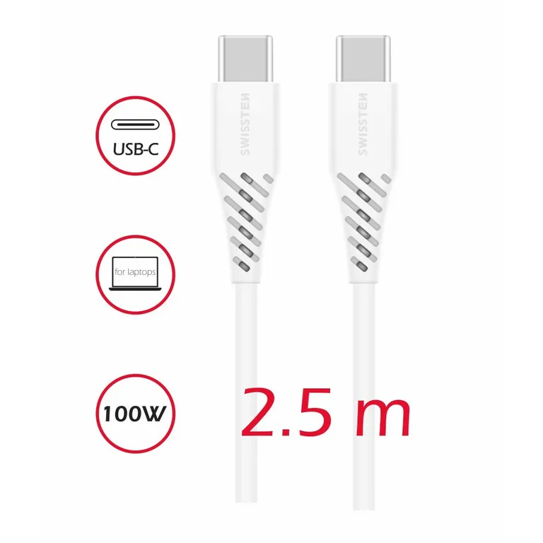 Swissten - töltőkábel, TPE, USB-C/USB-C PowerDelivery 5A (100W), 2,5 m, fehér