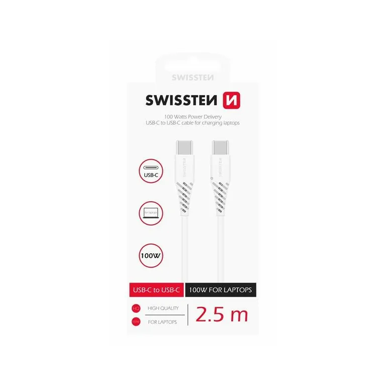 Swissten - töltőkábel, TPE, USB-C/USB-C PowerDelivery 5A (100W), 2,5 m, fehér