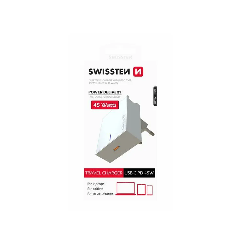 Swissten - USB-C Power Delivery 45W hálózati gyorstöltő, laptop, tablet, telefon, fehér