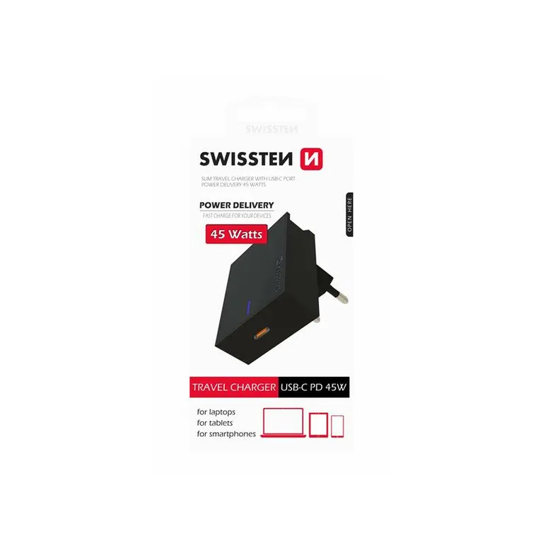 Swissten - USB-C Power Delivery 45W hálózati gyorstöltő, laptop, tablet, telefon, fekete