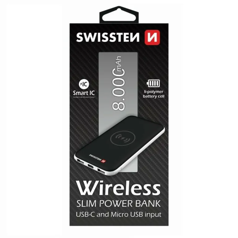 Swissten - vezeték nélküli slim power bank, 8000 mAh, USB-C és mikro USB input, Smart IC
