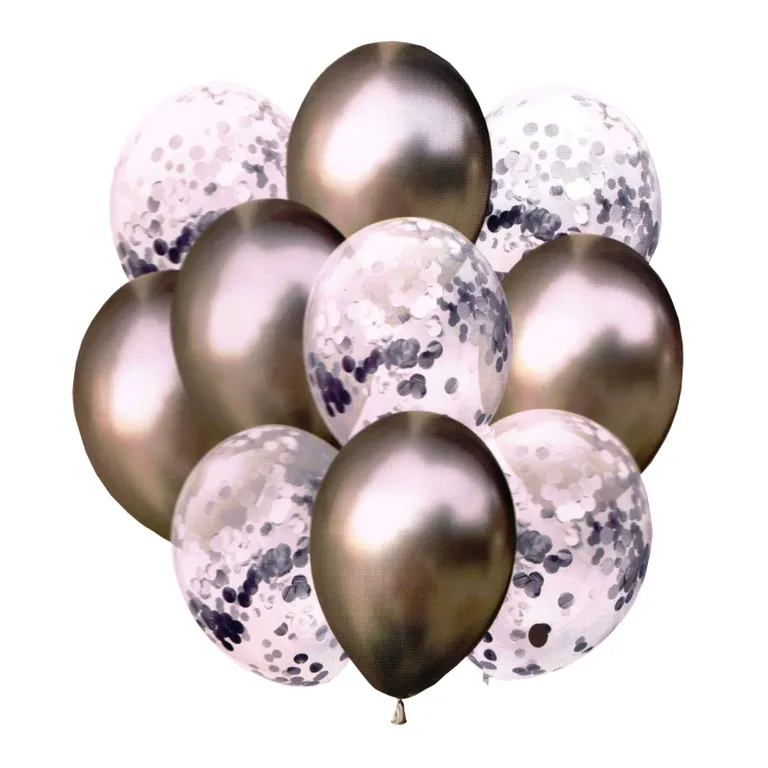 Születésnapi/babaköszöntő konfettis lufi, 10db, 33cm, ezüst