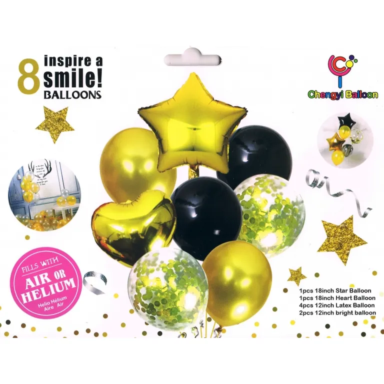 Születésnapi/babaköszöntő konfettis lufi, 8db, 30-46cm, fekete és arany