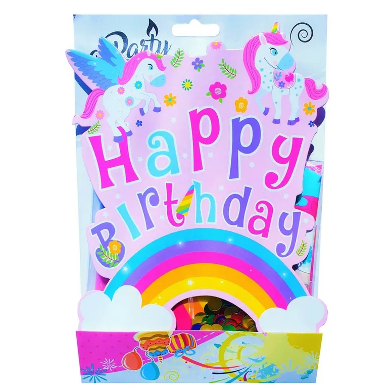 Születésnapi dekoráció egyszarvú motívummal, lufi, füzér, szerpentin, konfetti, 10db