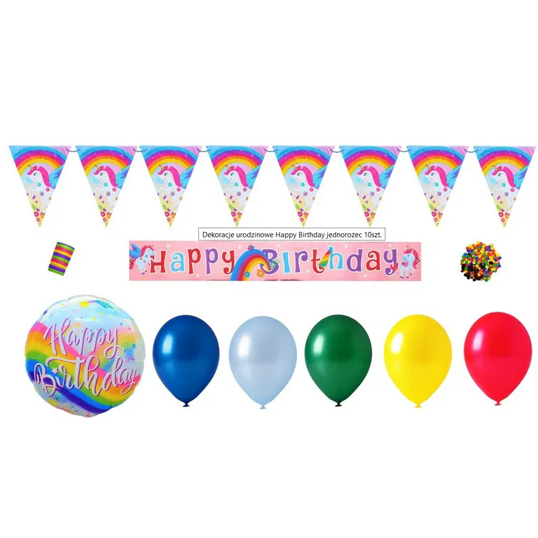 Születésnapi dekoráció egyszarvú motívummal, lufi, füzér, szerpentin, konfetti, 10db