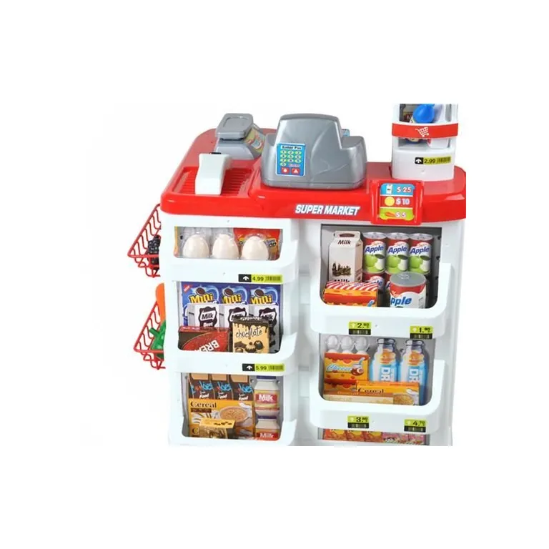 Szupermarket árleolvasóval és pénztárgéppel, kiegészítőkkel, fehér/piros, 41x/50x82cm, 3+