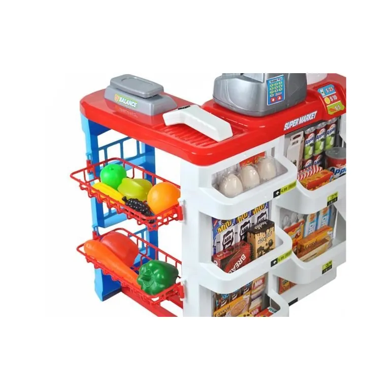 Szupermarket árleolvasóval és pénztárgéppel, kiegészítőkkel, fehér/piros, 41x/50x82cm, 3+