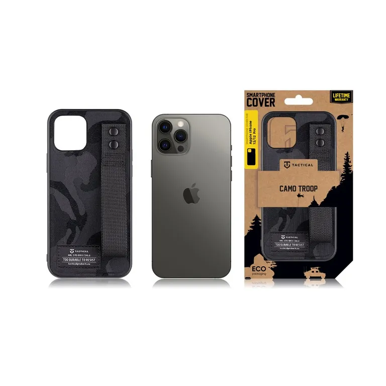 Tactical Camo Troop Drag Strap Kryt pro Apple iPhone 12/12 Pro fekete tok