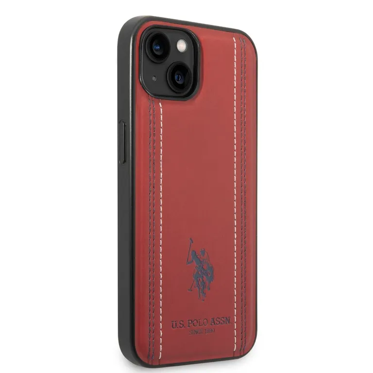 U.S. Polo PU bőr varrott vonalak Zadní Kryt pro iPhone 14 Plus piros tok