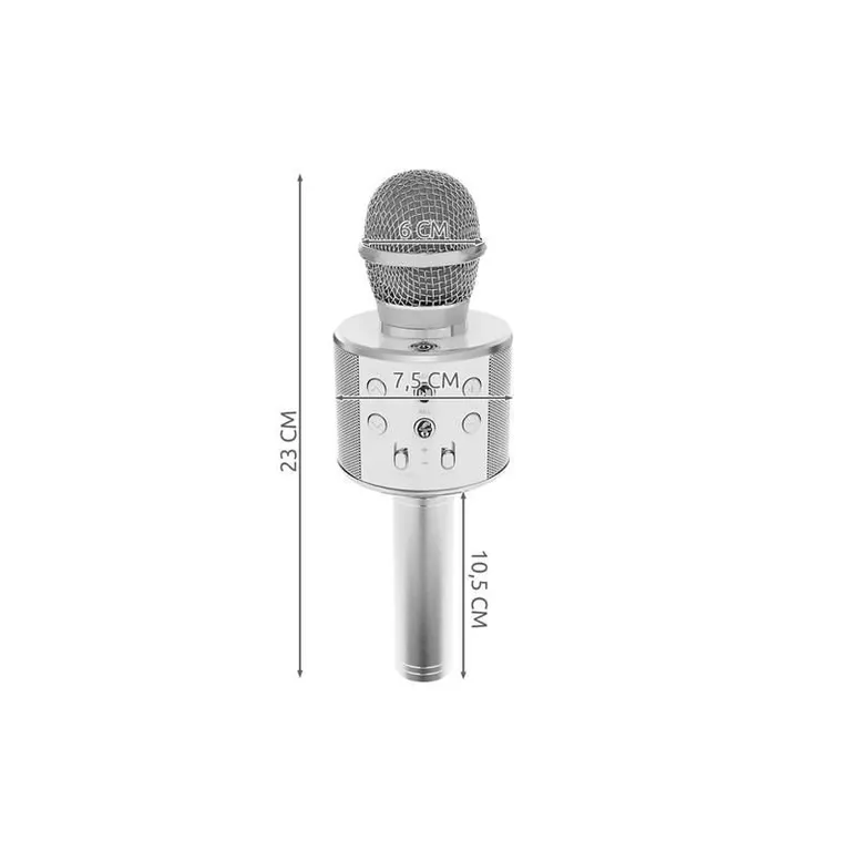 Vezeték nélküli bluetooth karaoke mikrofon, SD kártya, AUX, 1200 mAh lítium-ion, 23x7,5x7,5 cm, ezüst