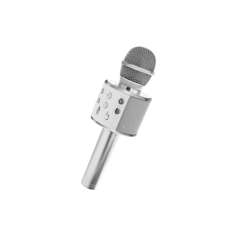 Vezeték nélküli bluetooth karaoke mikrofon, SD kártya, AUX, 1200 mAh lítium-ion, 23x7,5x7,5 cm, ezüst