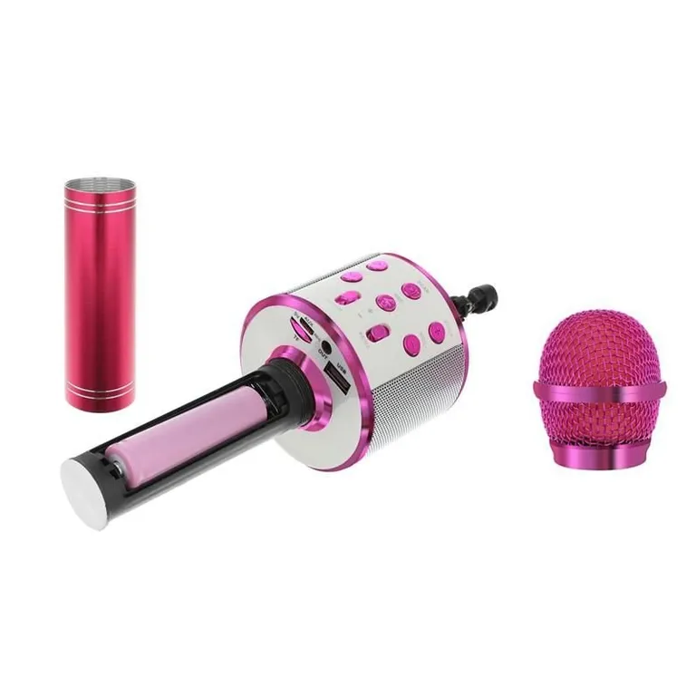 Vezeték nélküli bluetooth karaoke mikrofon, SD kártya, AUX, 1200 mAh lítium-ion, 23x7,5x7,5 cm, sötét rózsaszín