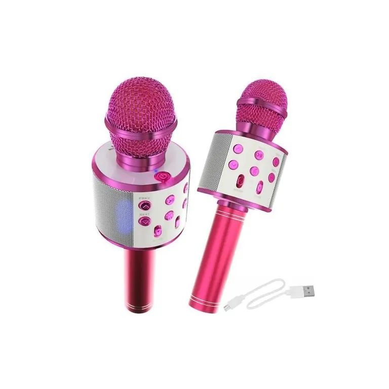 Vezeték nélküli bluetooth karaoke mikrofon, SD kártya, AUX, 1200 mAh lítium-ion, 23x7,5x7,5 cm, sötét rózsaszín