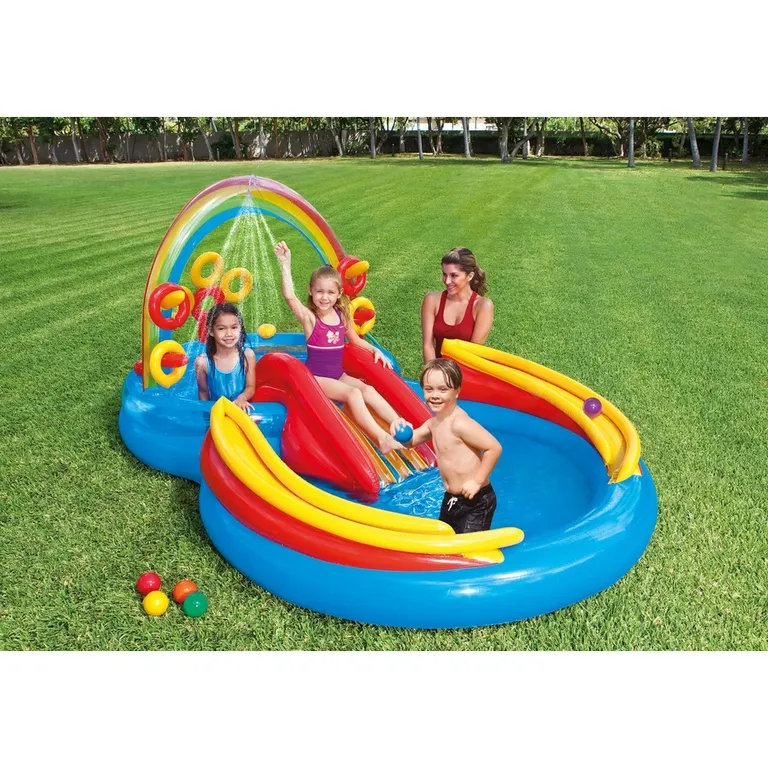 Vizi játszótér medencéve csúszdával, ügyességi játékkal, színes, 297x193x135 cm