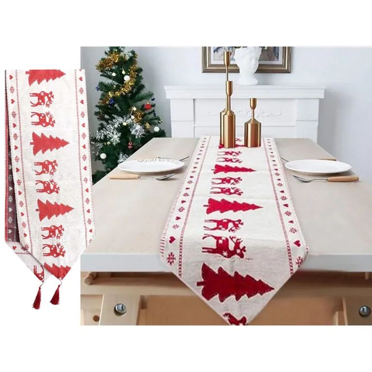 Karácsonyi asztalfutó - Ünnepi hangulatot árasztó vörös és fehér színben, hagyományos mintákkal