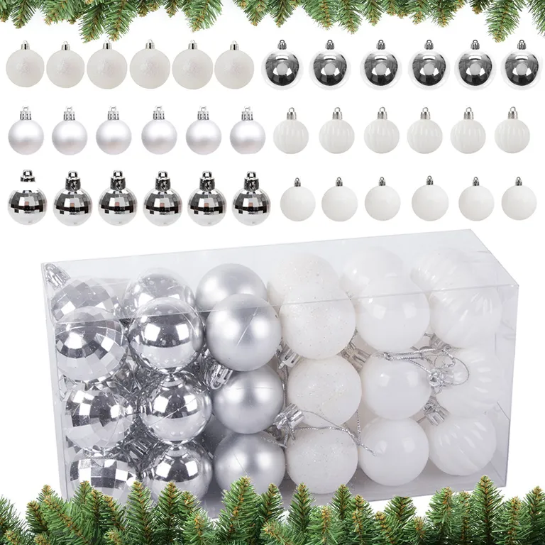 Karácsonyfa díszgömb készlet, 36 darabos, 3cm-es, ezüst és fehér színben