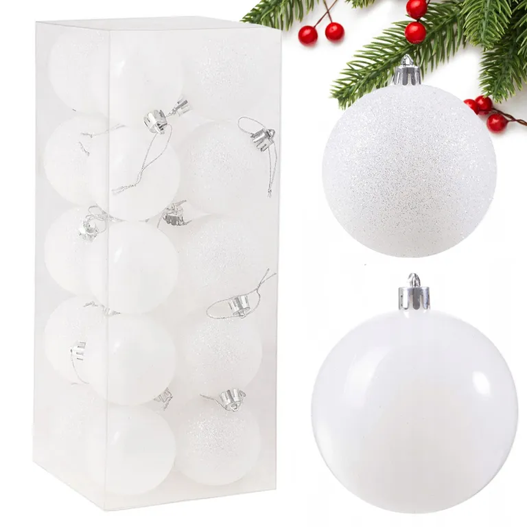 20 darabos 8cm-es fehér karácsonyfadísz gömb készlet - csillogó és sima felülettel