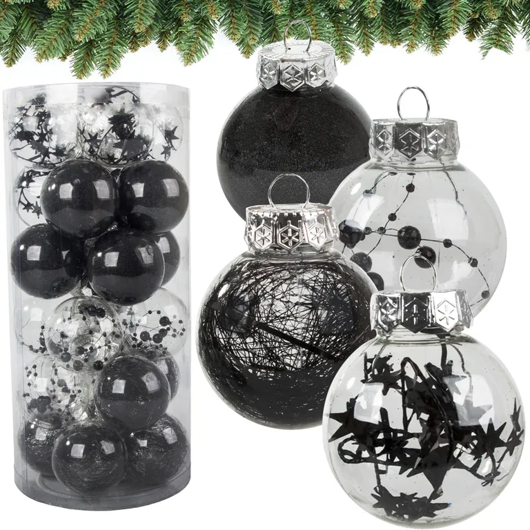 24 darabos karácsonyfadísz készlet - 6cm-es fekete és átlátszó gömbök