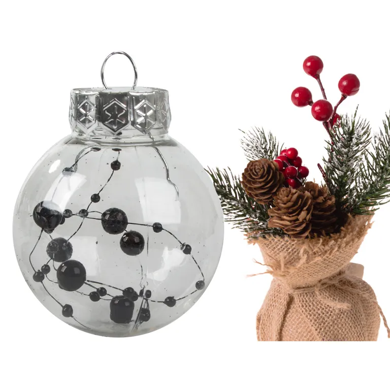 24 darabos karácsonyfadísz készlet - 6cm-es fekete és átlátszó gömbök