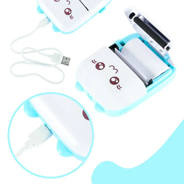 Mini Hőpapíros Fotónyomtató Készlet, USB Kábel, Macskakék Szín