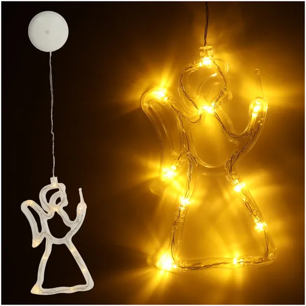 LED Ablakdísz, Függő Karácsonyi Dekoráció, Angyal, 49 cm, 10 LED, Meleg Fehér