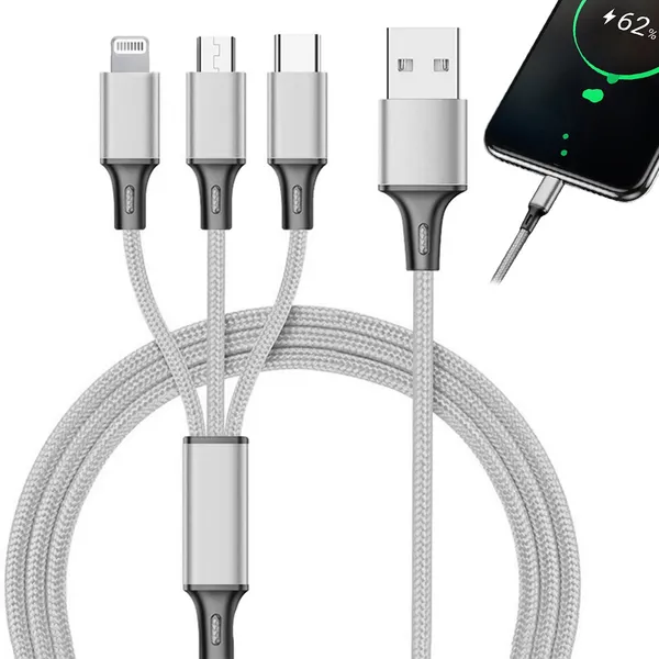 3 az 1-ben USB-kábel - Telefon töltéséhez Lightning, Micro USB és Type-C csatlakozókkal (1,2 m)