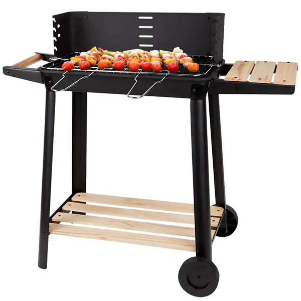 Kerti Grill Nagy faszén BBQ állítható grillráccsal, polcokkal, kerekekkel - hordozható