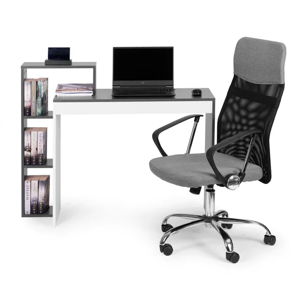 Fehér és szürke irodai számítógépes íróasztal, asztal + könyvespolc 4 polccal | CHDK07-DG